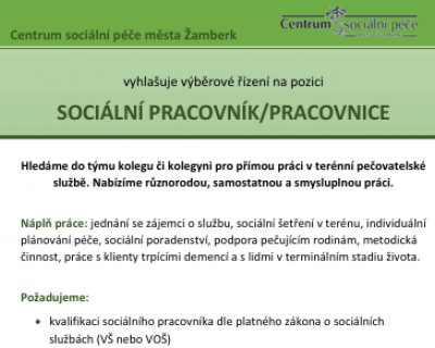 Hledáme kolegu/kolegyni do našeho týmu na pozici sociální pracovník/pracovnice.