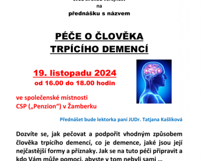 Pozvánka na přednášku s názvem péče o člověka trpícího demencí